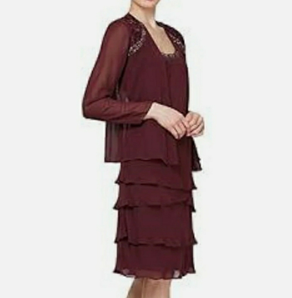 SLNY Womens Embellished Tiered Dress & Jacket Set 14 Plum